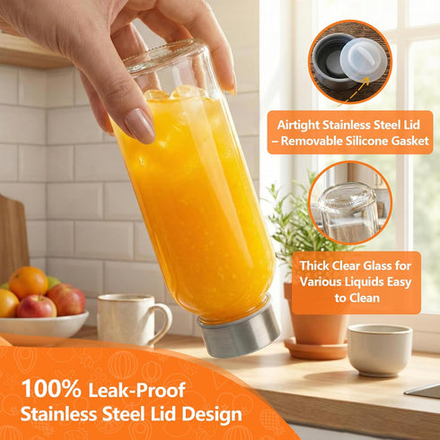16 oz, 12 Pack 100% Luxfuel Glass Water Bottles with Lids Reusable Juice Bottle with Stainless Steel Cap & Straw, Leak