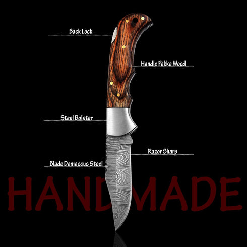 Handmade Damascus Pocket Knife, 6.5 Inches Folding Knife with Sheath, Brown, Best for EDC, Camping, Fishing