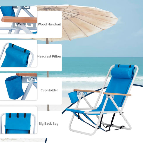 w/4 Outvita Folding Beach Chair Adjustable Headrest Flexible Tilt Angle, Cup Holder Portable High Strength Cleanable