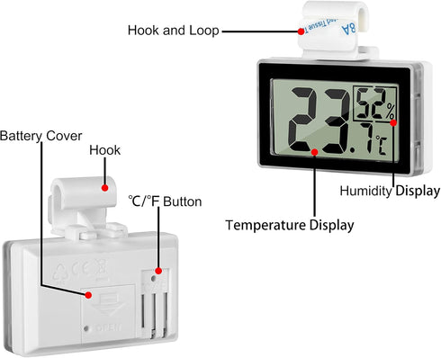 Digital Reptile Thermometer Hygrometer with Hook & Adhesive, LCD Display for Reptile Tanks and Terrariums