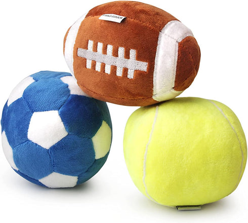 3-PACK Interactive Dog Toys Ball for Small and Medium Dogs, Soccer Ball, Football and Tennis Balls, Stuffed with Squeak