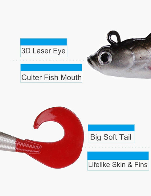 Lures for Bass, Jig Head Soft Swimbait, 6-Pack, 6 Colors Plastic Bait for Fishing