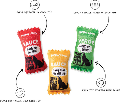 Fringe Studio Plush Dog Toy, Howling HOT Sauce, 3 Piece Set, for Small Dogs, Wagsdale Dog Toy Collection (289510), multi-colored