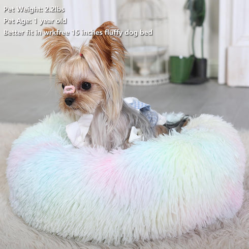 Fluffy Rainbow Dog Bed, Extra Small Washable Calming Dog Bed, Rainbow for Small Dogs 15 inches, Donut Soft Small Pet