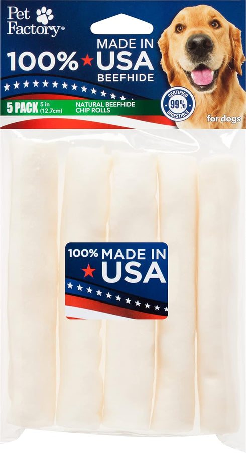 Pet Factory 100% Made in USA Beefhide 5" Chip Rolls Dog Chew Treats, Natural Flavor, 5 Count