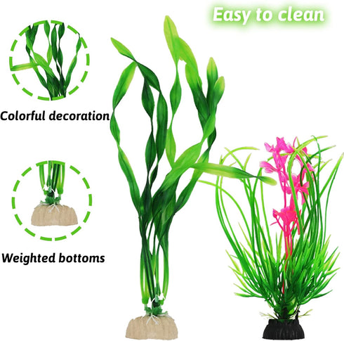 Fish Tank Accessories, 9pcs Green Decorations Plants and Cave Rock Decor Set for Aquarium, Plastic Plants for Fish Tank