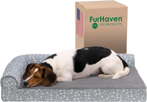 Furhaven Cooling Gel Dog Bed for Medium/Small Dogs, Removable Bolsters & Washable Cover, Plush L Shaped Chaise - Gray