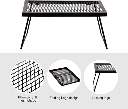 Folding Campfire Grill Grate, Portable Heavy Duty Steel Over Fire Camp Grill for Outdoor Cooking, Black