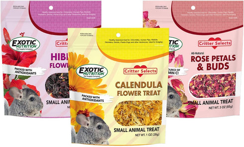 Exotic Nutrition Flower Treat 3 Pack - Healthy Assortment of Hibiscus, Calendula, Rose for Squirrels, Guinea Pigs,