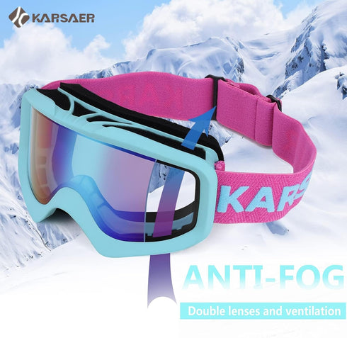 Karsaer Anti-Fog Ski Goggles, 100% UV Protection Snowboard Goggles, Bendable Dual-Lenses for Men Women Youth
