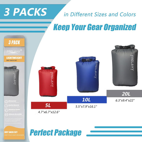 Frelaxy Ultralight Dry Bag 3-Pack/5-Pack - Outdoor Bags to Keep Gear Dry for Hiking, Camping, and Boating