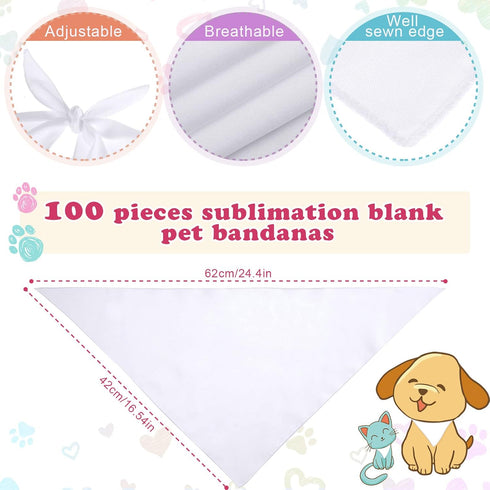 100 White(24.4 16.54 Inch) Kacctyen Pcs Sublimation Blank Dog Bandanas Heat Transfer Washable Triangle Scarf DIY