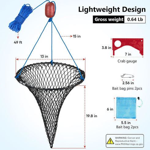 2-Pack, QualyQualy Foldable Crab Trap Small Crab Net with Buoy & Bait Clip for Blue Crabs, Crawfish Traps | Compact
