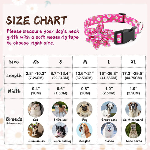 Daisy Pink Dog Collar with Flower Bow, Cute Floral Collars for Small Medium Large Dogs, Hot Pink Options