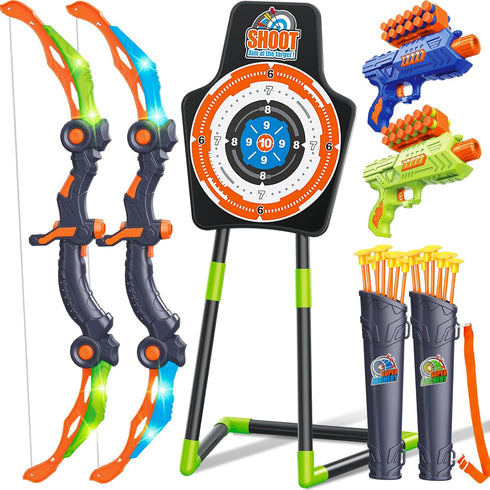 GMAOPHY Bow and Arrow 2 Pack for Kids 5-11+ Year Olds, LED Light Up Archery Toy with 20 Arrows, Target & Quiver