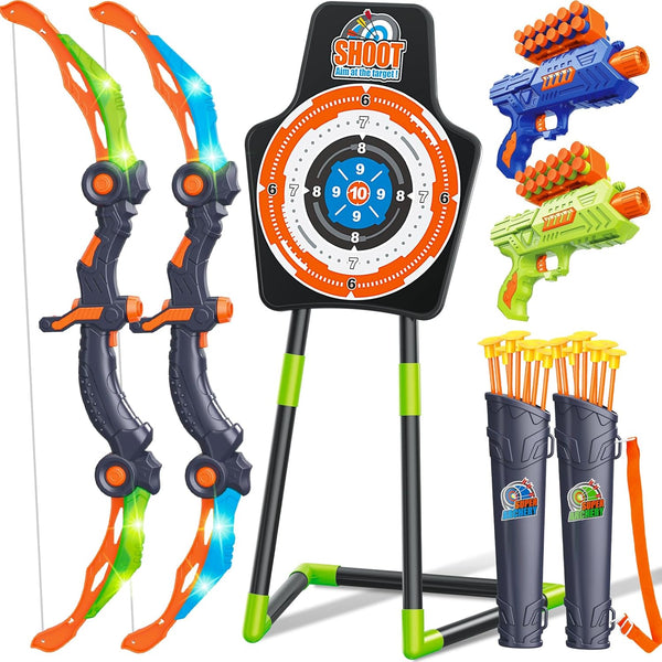 GMAOPHY Bow and Arrow 2 Pack for Kids 5-11+ Year Olds, LED Light Up Archery Toy with 20 Arrows, Target & Quiver