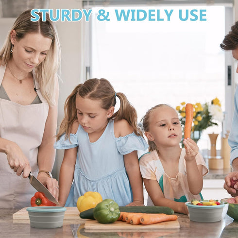 Suclain 4 Pcs Collapsible Silicone Camping Bowl Set, Expandable Food Storage Container, Blue Rim Gray, 12 oz