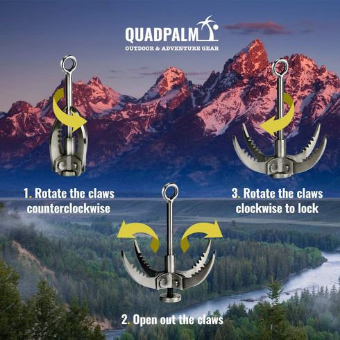 Multifunctional QUADPALM Grappling Hook with 10m Rope - Heavy Duty Stainless Steel Folding Claws for Climbing