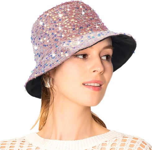Womens Sequin Beach Bucket Hat, Shiny Glitter Sun Cap for Party Travel Girls Teens