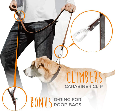 Mighty Paw Leather Dog Leash for Large Breeds, 6 Ft with Soft Padded Handle and Extra D-Ring for Waste Bags