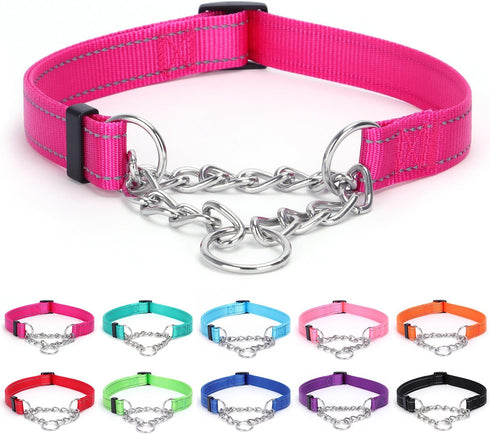 Martingale Dog Collar with Stainless Steel Chain, Reflective Adjustable Collar for Medium Large Dogs (S, Pink)