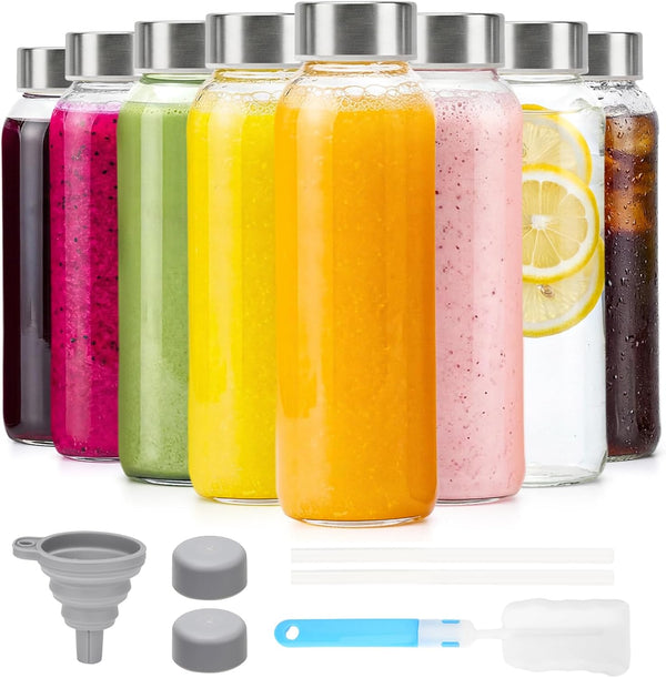 Luxfuel Glass Water Bottles with Lids 16 oz, 8 Pack Reusable Juice
