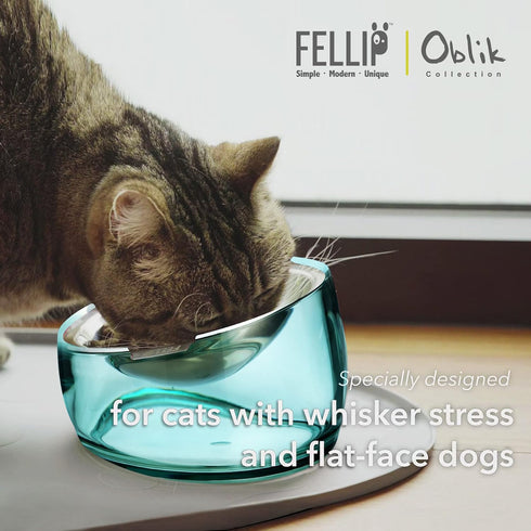 Felli Pet Oblik Anti Whisker Fatigue Cat Bowl Raised Stainless Steel Angled Wide Shallow Dish for Dry Wet Food, Vomit & Spill Proof Tilted Elevated Feeder Acrylic Base (0.5Cup, Classic)