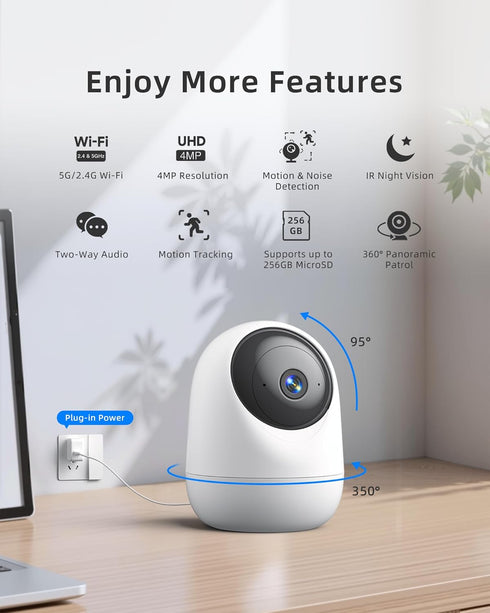 Andyssey 4MP 5G/2.4G 6 360Pan 2.5K 256GB Indoor Camera WiFi Tilt Supports MicroSD up to (No Card) Plug-in Pet Camera