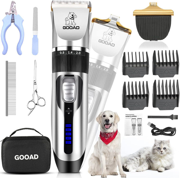 Dog Clippers Grooming Kit and Paw Trimmer, Cordless, Low Noise, Electric Quiet, Rechargeable, for Thick Coats, Silver
