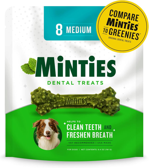 Minties Dental Chews for Dogs, 8 Count, Vet-Recommended Mint-Flavored Treats for Medium Dogs