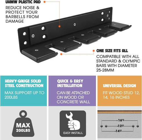 Yes4All Vertical Wall Mounted Olympic Barbell Holder, Barbell Storage Rack for Home Fitness Equipment