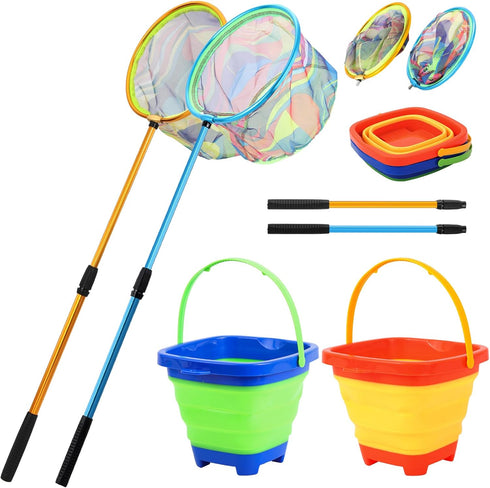 Kids Fishing Net, 2 Pack - Telescopic Landing Nets with Aluminum Pole Handle, Collapsible Bucket Sand Pail