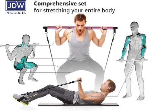 JDW Enterprises Pilates Bar Kit, 2 Standard & 2 Strong Bands for Full-Body Workout, Storage Bag Included