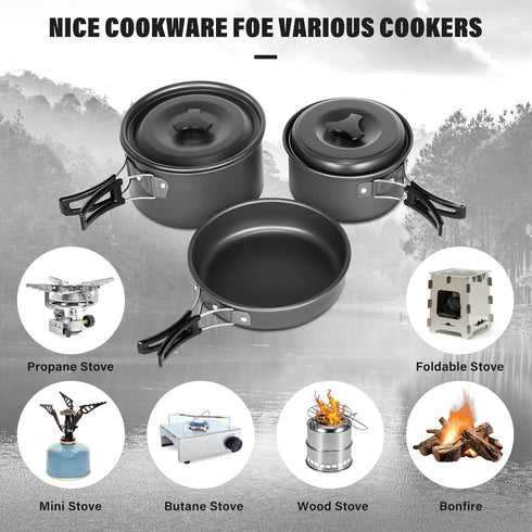 Lixada Camping Cookware Mess Kit, 10pcs Non-Stick Lightweight Stackable Pot Pan Bowls with Storage Bag for Hiking