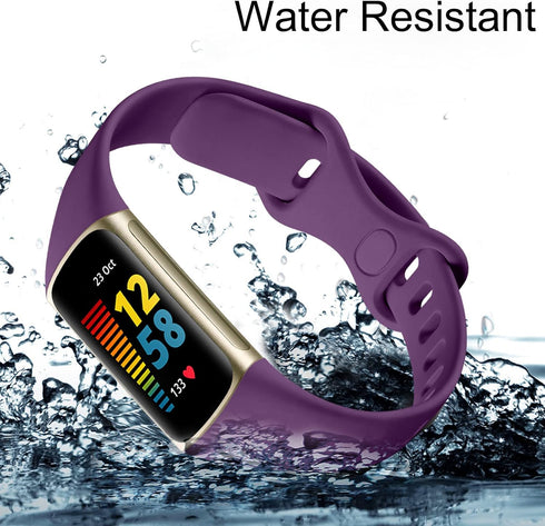 GEAK 4 Pack Slim Band for Fitbit Charge 5/Charge 6, Soft Silicone Sport Replacement Wristband (Black/Plum/Blue