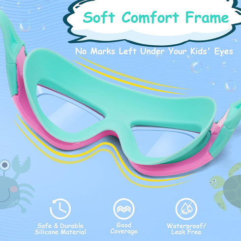 Vvinca Kids Swim Goggles, 2024 Upgraded Design with Ear & Nose Plug, Wide View Anti-Fog No Leak Water Pool Goggle for