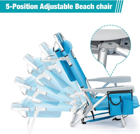 5 Backpack Folding Beach Chair, Position Portable Foldable Camping Chair with Headrest, Cup Holder, and Armrests,Blue