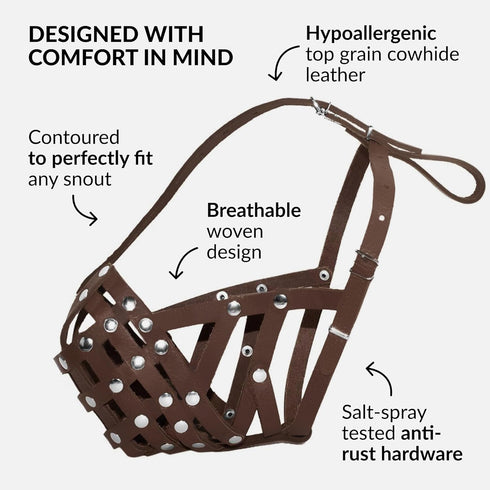 CollarDirect Leather Dog Muzzle for Boxer, English American Bulldog - Adjustable, Breathable, Anti-Barking (Brown)