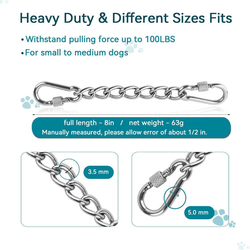 Dog Collar Safety Clip, Heavy Duty Chew Proof Prong Collar Backup Clasp, Stainless Steel Connector for Harness, 8in