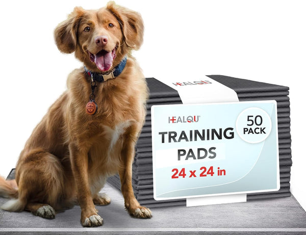 Healqu Puppy Pads - 24x24 50 Count Dog Training Pad, Black Charcoal, Ultra Absorbent, Leakproof Technology