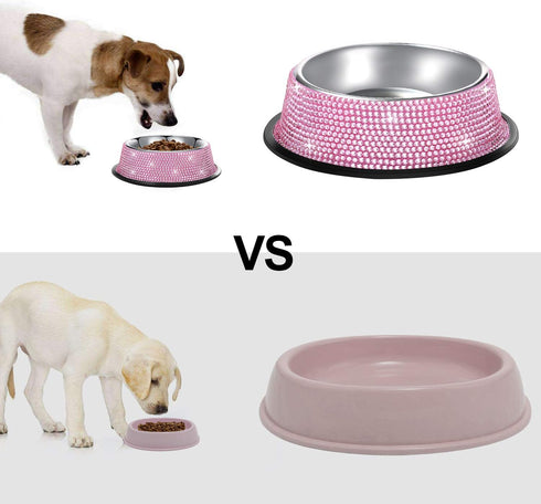 SAVORI Bling Dog Bowls - Pink, 640ML Handmade Rhinestones Stainless Steel Pet Bowls, Set of 2