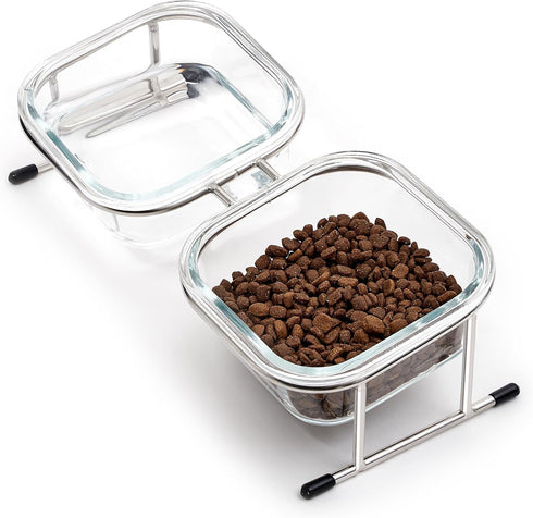 Elevated Cat Bowls, 15° Tilted Glass Raised Food Bowl with Stainless Steel Stand, 2 Large Capacity Bowls