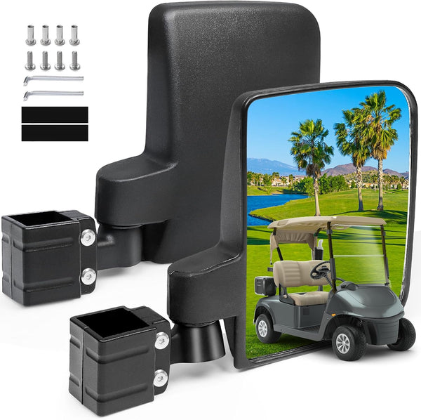 Golf Cart Side Mirrors - Universal Folding Rear View Mirror for 0.75"-1.25" Square Rail, Fits EZGO and Club Car