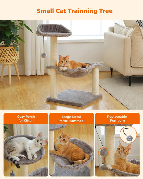 Cat Tree 28" Cat Scratching Post with 15.7" Large Hammock Bed for Indoor Small Cats, Grey Cat Toy