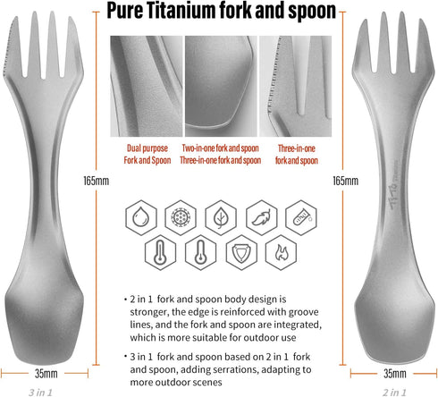 TiTo Titanium Spork 2-in-1 Camping Utensil, Lightweight Spoon, Fork, Knife for Outdoor Traveling with Cloth Case