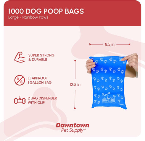 1000 Count 12.5" 8.5" Downtown Pet Supply Poop Bags for Dogs with Dispenser, - Leak-Proof Dog Waste Bags