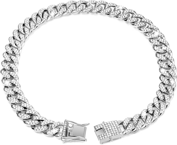 Dog Chain Diamond Collar with Secure Buckle, Metal Chain Jewelry Accessories for Small Medium Large Dogs (Silver, 8