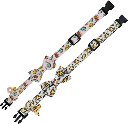 KUDES 2 Pack Print Dog Collars with Bow Tie, Adjustable Collars with Bells and Charm Safety Buckle for Dogs and Cats