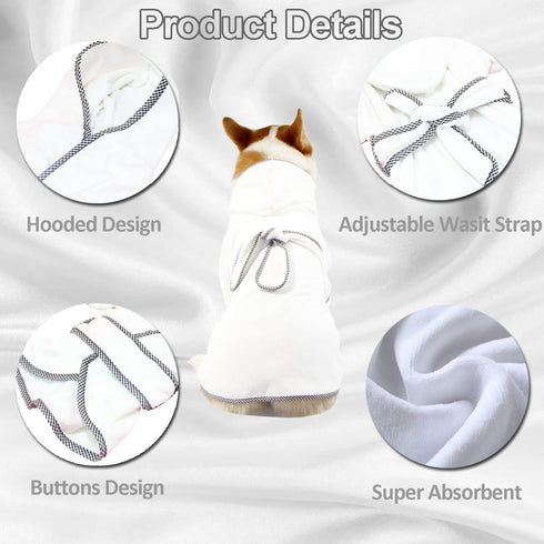 (2XL, Dog Bathrobe, Microfiber Fast Drying Absorbent Hooded Bath Towel White for Puppy Small Medium Large Dog Cat
