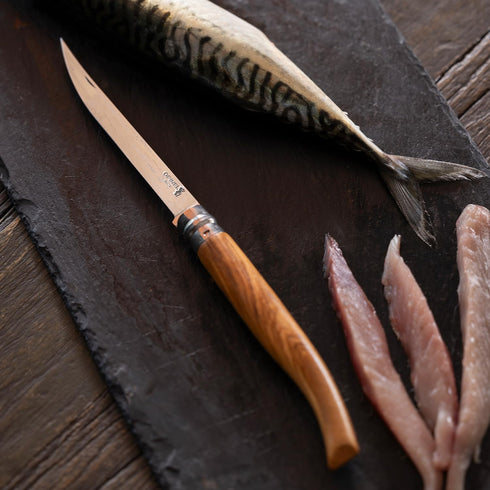 Opinel Effile Slimline Series Folding Fillet Knife, Slim Blade Folding Knife with Virobloc Locking Collar, Olivewood